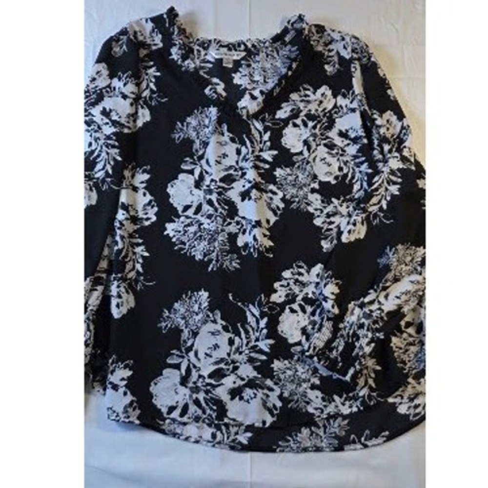 Cathy Daniels Womens Black White Floral V-Neck Ruffle Blouse Smocked Cuff Large